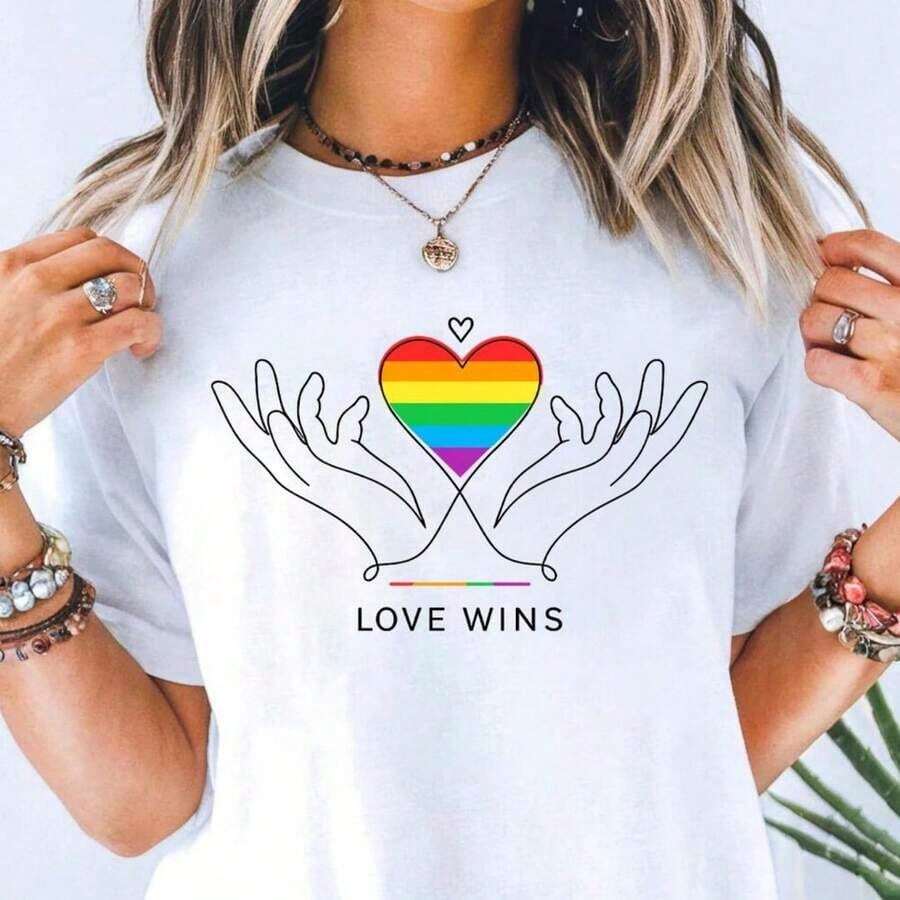Love Wins Pride T-Shirt, LGBTQ T-Shirt With Rainbow Heart, Equality T-Shirt, Pride Month T-Shirt, Love Wins Graphic T-Shirt, LGBTQ Gift, Rainbow Pride T-Shirt, Breathable And Comfortable. - 白色 7 - 查看 1