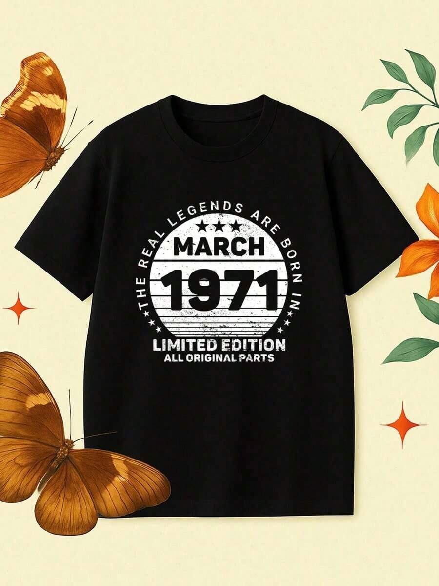 1 Paquete de Camisetas de Cumpleaños para Mujer, Edición Limitada Vintage 1971 - Diseño Retro de los 70 con Estampado del Número de Parte Original - Camiseta Casual de Manga Corta con Cuello Redondo 100% Suave de 180g para Cumpleaños de Agosto y Febrero (Edición Limitada Coleccionable) - Negro - Ver 1