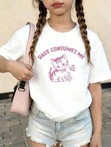 Rage Consumes Me Cartoon Cute Cat Butterfly Print Girl Clothes, Simple And Fun Style Print T-Shirt, Suitable New Year's Gift Shirts. This Comfortable And Short-Sleeved T-Shirt Is For Girls Gift, Ideal For Wearing Clothes At Home And When Go To SchoolDaily Versatile Vintage Summer Women's High-Quality Short-Sleeve T-Shirt,Oversized And Vintage Summer Tops Shirts - White - View 9