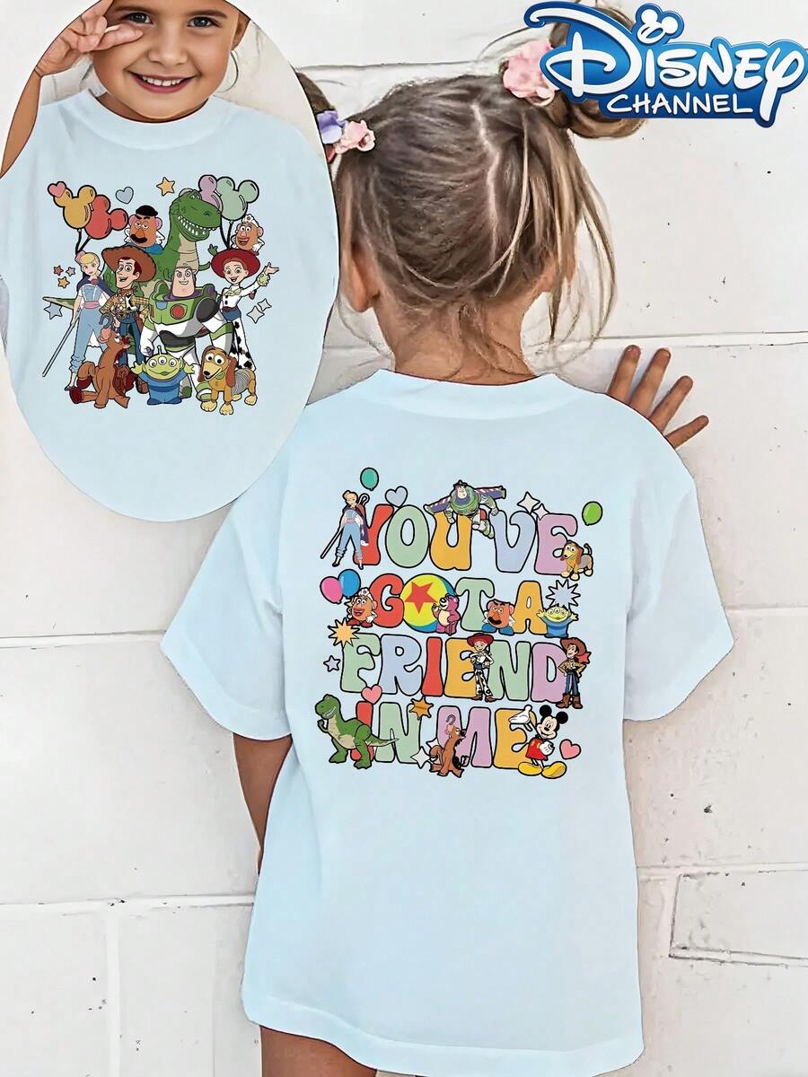 [Authorized] You Have A Friend Toy Story Print Disney Girl's Summer Round Neck Casual T-Shirt For Children, With Slightly Stretchy Fabric, Suitable For Birthday Gifts, And Ideal For Daily Activities, Sports, And Travel. Summer T-Shirt For Girls. - 淺藍色 - 查看 1