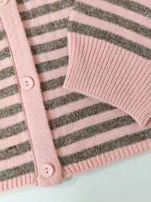 Soft Pink & Brown Striped Cardigan, Round Neck Loose Contrast Color Knit Jacket, Commuting Casual Versatile Top Fall - Multicolor - View 5