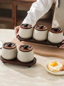 WGROOM 5/7pcs (1 Tray, 2/3 Jars With Spoons) Ceramic Household Living Room Dining Room Kitchen Storage Jars, Spice Containers, Food Storage Canisters For Salt, Sugar, Seasoning, Chili Powder, Suitable For Home, Party, Restaurant, Picnic, Wedding Celebration, Party Serving Tray - Multicolor - View 5