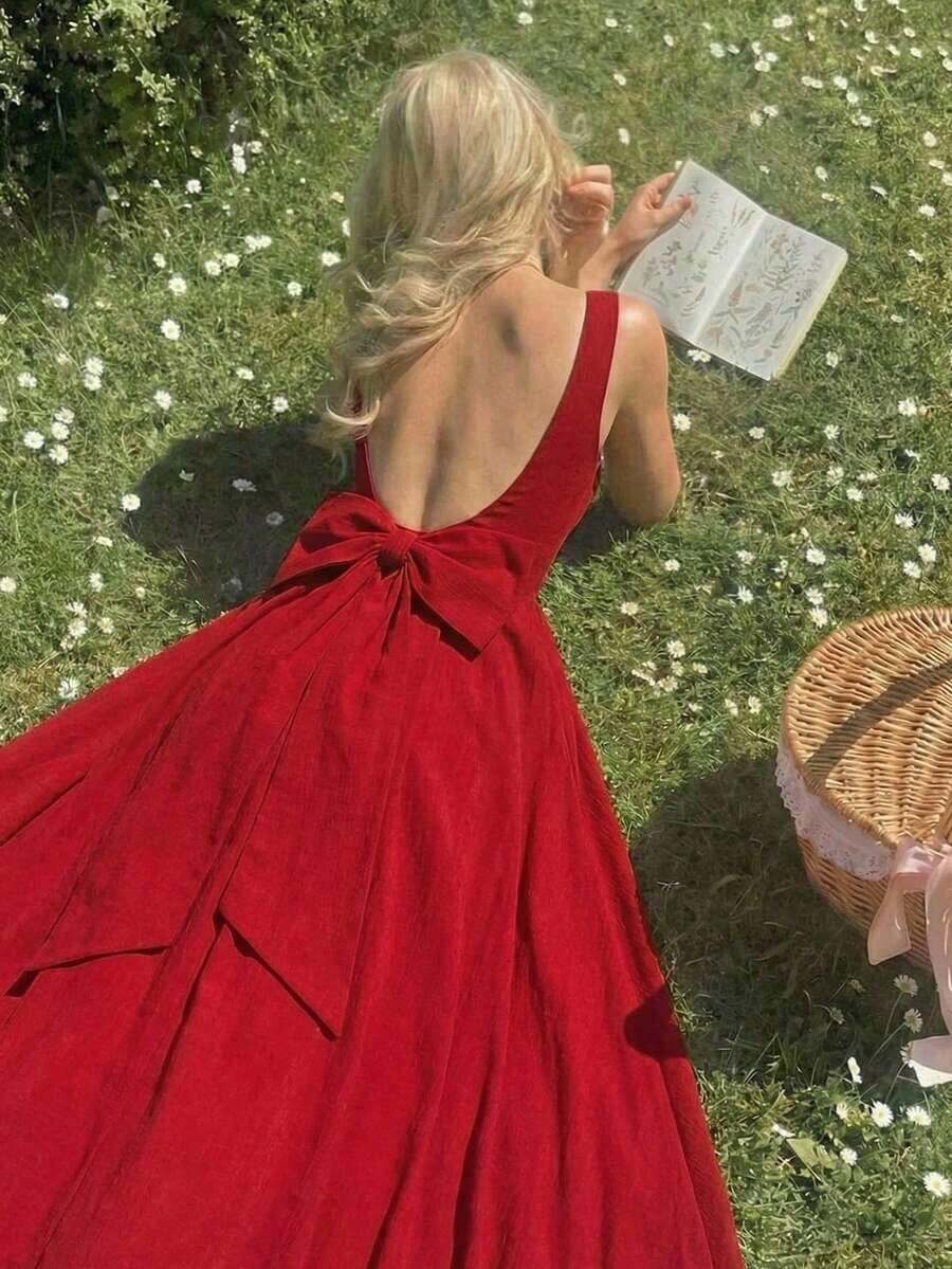 XHESHEIN MOD Vestido de largo medio con decoración de lazo en la espalda para mujerXHE - Rojo - Ver 1