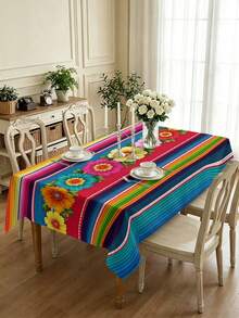 1/2pcs Tablecloth, Colorful Striped Floral Pattern Tablecloth, Polyester Material, Suitable For Kitchen, Dining Room, Coffee Table, Picnic, Camping, Countryside, Square Or Round Shape, Multi-Scene Table Protection And Decoration, Festival Atmosphere Embellishment, Exquisite Design - Multicolor - View 4