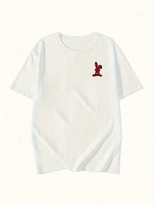 Se envía en 24 horas desde México. Camiseta casual de manga corta con cuello redondo y estampado de conejo rojo, ropa de mujer para primavera y verano. - Blanco - Ver 2