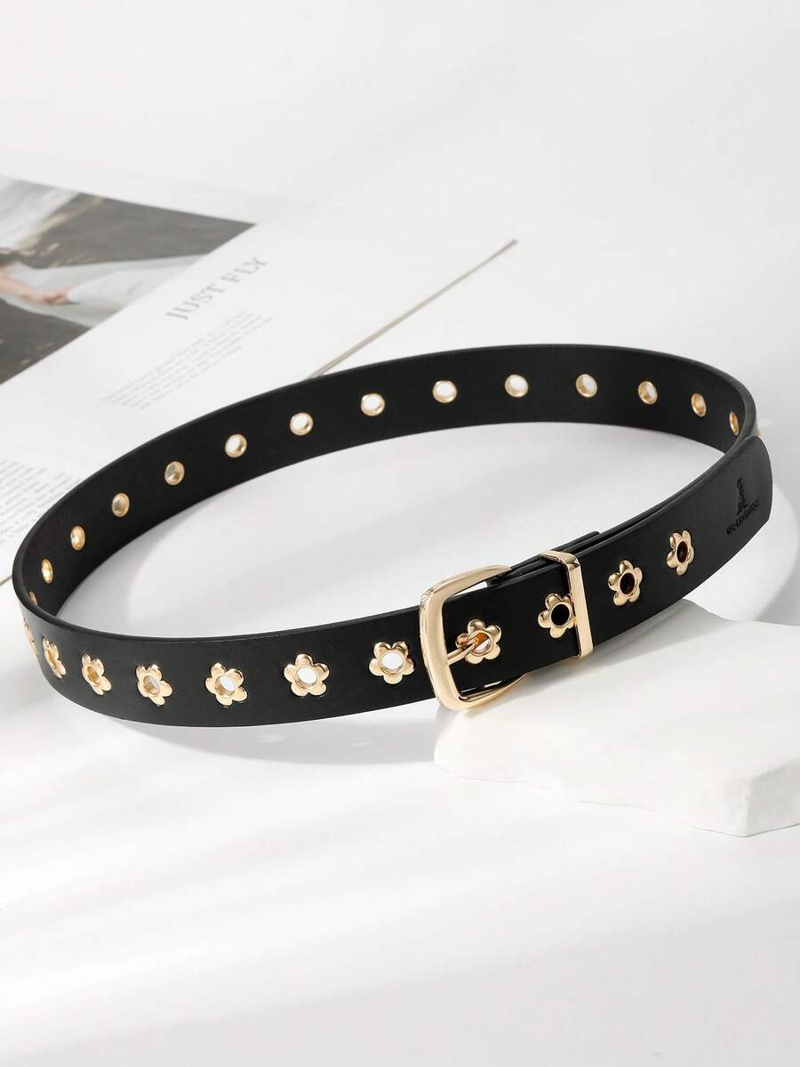 1pc Children's Black Ditsy Floral Eyelet PU Cute Style Waist Belt For Girls Dress Decoration Suitable For Daily Wear - A - View 1