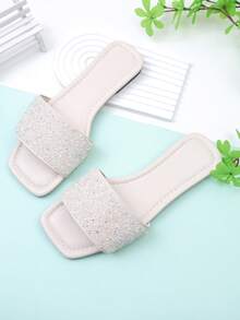 Sandalias planas con estampado de serpiente dorada y diseño cruzado para niña, sandalias de playa de verano con punta cuadrada de metal - Beis - Ver 7