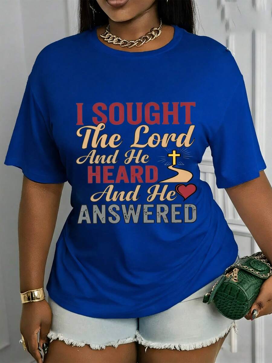 Short-Sleeved T-Shirt With A Crew Neck And Print – Printed With The Words "I Seek The Lord And He Hears Me, He Answers Me." This Stylish Top Features A Casual Crew Neck Design, Is Made From A Soft, Stretchy Fabric, And Is Machine Washable. It's A Modern And Versatile Garment Made From 100% Cotton. - 藍色 - 查看 1
