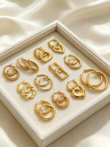 Bộ 24 chiếc / 12 đôi bông tai bằng thép không gỉ 18K mạ vàng - Bao gồm các kiểu dáng hình học, họa tiết đặc biệt, kiểu vòng đôi và kiểu dáng cá nhân hóa với thiết kế tinh tế. Sản phẩm ít gây dị ứng, đơn giản và thời trang, là lựa chọn lý tưởng cho phụ nữ đeo hàng ngày và là món quà tuyệt vời dành cho giáo viên, người thân và bạn bè. - Bộ thép không gỉ - Xem 5