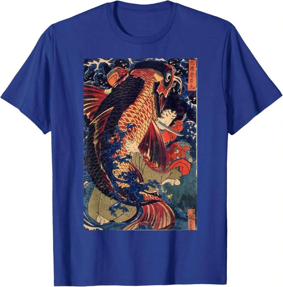 Japanese Fighting The Giant Carp T-Shirt - Royal Blue - View 1