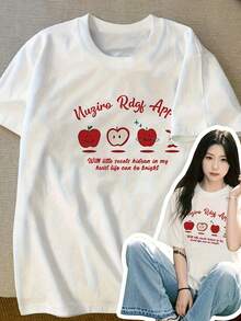Camiseta informal de manga corta y corte holgado para mujer: con estampado de manzana roja de dibujos animados y letras, diseño transpirable de cuello redondo, perfecta para primavera y verano, camiseta moderna de alta calidad. USQV - Blanco - Ver 7