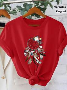 Nueva Colección 2026: Camiseta de Algodón para Mujer, Estilo Bohemio con Estampado Floral y Atrapasueños, Cuello Redondo, Manga Corta, Estilo , Top Holgado Versátil para Primavera-Verano 2026, para Viajes y Trabajo, Ropa Elegante de Vintage para Mujer, Tallas S-XXL, Conjuntos de Verano para Mujer. - Albaricoque - Ver 7