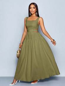 xheSOLERSUN Vestido elegante de mujer con cuello cuadrado, corte en la cintura, espalda con lazo y pliegues, estilo línea A, para Hawái, vestidos de verano para mujer, vestido para té, vestido largo blanco para graduaciónxhe - Verde militar - Ver 6