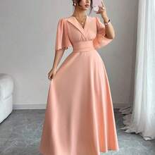 guangzhougaolangshangmao  Nuevo vestido casual, elegante y de vacaciones para mujer con diseño de cuello, cintura plisada, parche de gasa y mangas con volantes - Celeste - Ver 2