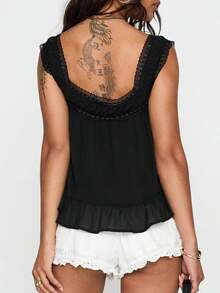 Women's Coquette Cream Lace Trim Camisole Y2K Square Neck Ruffled Hem Drawstring Ruched Top For Summer - Negro - Ver 5