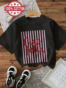 Camiseta con estampado gráfico, Top casual de manga corta con cuello redondo para verano y primavera, Ropa de mujer - Negro - Ver 2