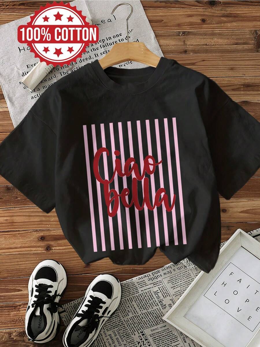 Camiseta con estampado gráfico, Top casual de manga corta con cuello redondo para verano y primavera, Ropa de mujer