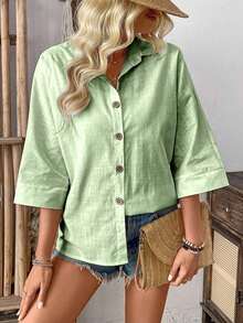 Camisa de manga de murciélago de unicolor casual de vacaciones - Verde - Ver 5