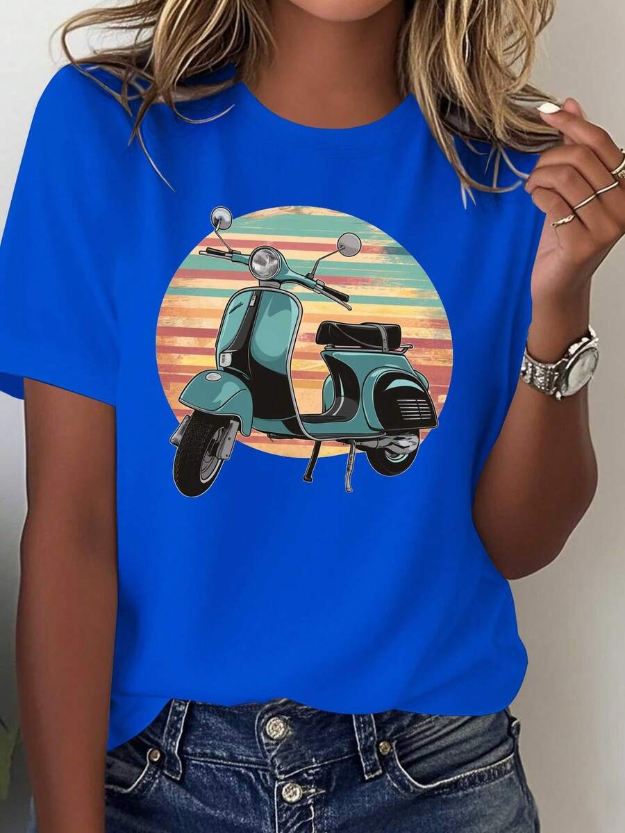 Vintage Scooter Illustration. Comfortable Pure Cotton Women's T-Shirt, Casual Blouse For Women. - 藍色 - 查看 1