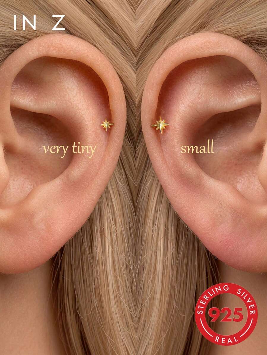 1pc 16G Small/Tiny Three-Dimensional Smooth Octagonal Flat Back Labret Stud | 925 Sterling Silver Jewelry | Sold As 1 Piece (Not 1 Pair) - Eight-pointed Star - View 1