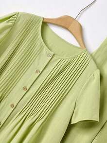Conjunto informal de top de manga corta de cuello redondo y pantalones a rayas - Verde - Ver 5