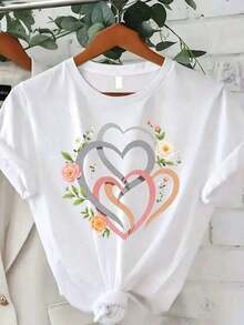 1 pieza de camiseta de mujer Trebalena con estampado floral de corazones - Blusa casual de manga corta y cuello redondo con patrones florales aleatorios, cómoda para uso diario en verano, primavera y otoño, lavable a máquina, para eventos semi-formales y atuendos casuales, 180g de algodón 100%. - Blanco - Ver 7