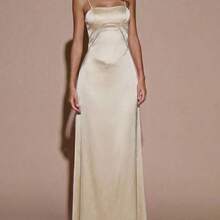 guang zhou mi qian shang mao Vestido elegante de satén con tirantes finos, diseño de costuras para dar forma, con lazo en la espalda, adecuado para bodas, citas nocturnas, vacaciones, fiestas de verano - Amarillo - Ver 3