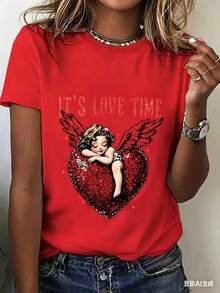 Cupid Print T-Shirt For Valentine's Day, Short Sleeve, Round Neck, Casual Top, Ideal For Summer And Spring, Women's Clothing - [紅色的] - 查看 6