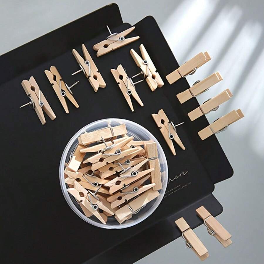 20pcs Wooden Push Pins For Bulletin Board, Message Board Clips Wooden, Photo Card Holder Stationery, Desk Organizer For Office Students DIY Wall Decor (Natural Wood) - 20 Pcs/Box - View 1