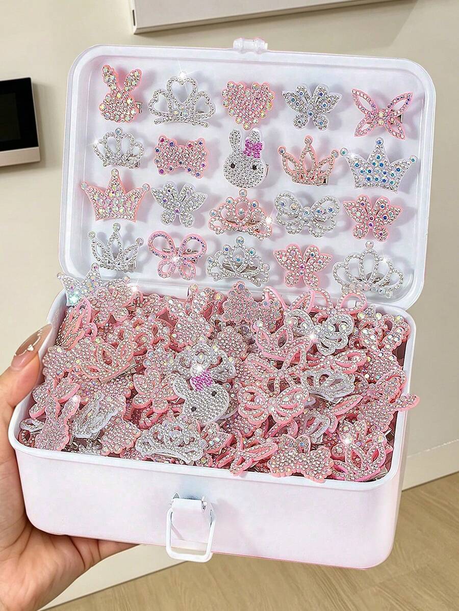VBOOR 10pcs/Set Random Assorted Rhinestone Embellished Princess Style Sweet Hair Clips - Heart Crown Butterfly Rabbit, Damage-Free Everyday Wear, Party, Travel,Hair Slide - Multicolor - View 1