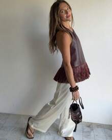 Womens Tassel Halter Tank Tops Summer Fashionable Solid Color Backless Faux Leather Vest - 棕色 - 查看 2