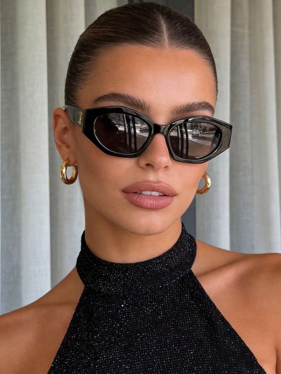 1pc Asymmetrical Polygon Frame Fashion Glasses For Women, Personalized Casual Versatile, Suitable For Daily Wear, Street Style, Vacation, Beach, Outdoor Activities And Beach Accessories - Black - View 1