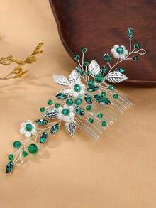 1pc Women's Elegant Handmade Alloy Leaf & Ceramic Flower Faux Pearl Hair Comb, Bridal Wedding Party Accessory - Green - View 2