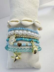 imoli piezas/Set de tobilleras deúltiples capas con cuentas de semilla CCB, conchas marinas, estrellas de mar y corazones, estilo moderno para vacaciones en la playa, adecuado para las - 32668-ank-blue-eP - Ver 6