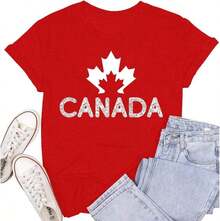 Women's Casual Cotton T-Shirt With Canadian Flag And Heart Print, Short Sleeve, Round Neck, Drop Shoulder, Cute Summer Garment With Slightly Stretchy Fabric - 紅色3 - 查看 1