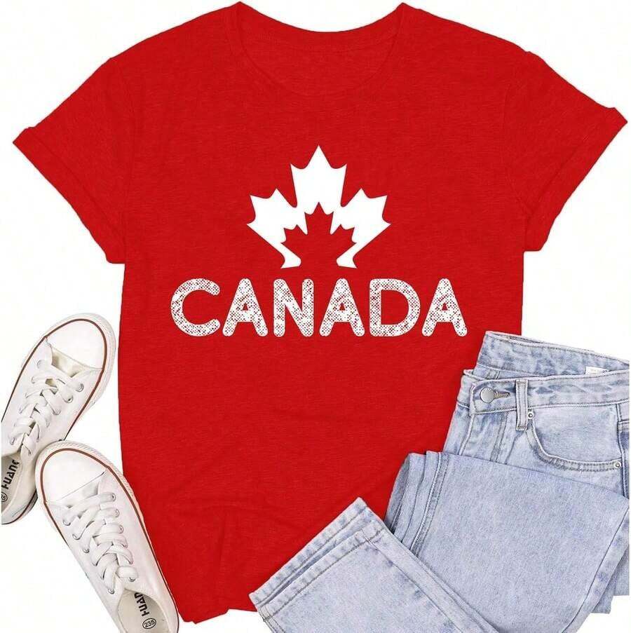 Women's Casual Cotton T-Shirt With Canadian Flag And Heart Print, Short Sleeve, Round Neck, Drop Shoulder, Cute Summer Garment With Slightly Stretchy Fabric - 紅色3 - 查看 1