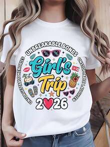 1 Piece Women's T-Shirt With "Girls Trip 2026" Design With The Phrase "Unbreakable Bonds And Unforgettable Memories", Round Neck, Short Sleeve, Casual Style For Summer Vacation And Bachelorette Parties, Perfect Gift For Best Friends And Sister Groups, Celebration Clothes, Festive Outfit, Medium Elasticity Fabric, 180g 100% Cotton. - 白色 - 查看 6