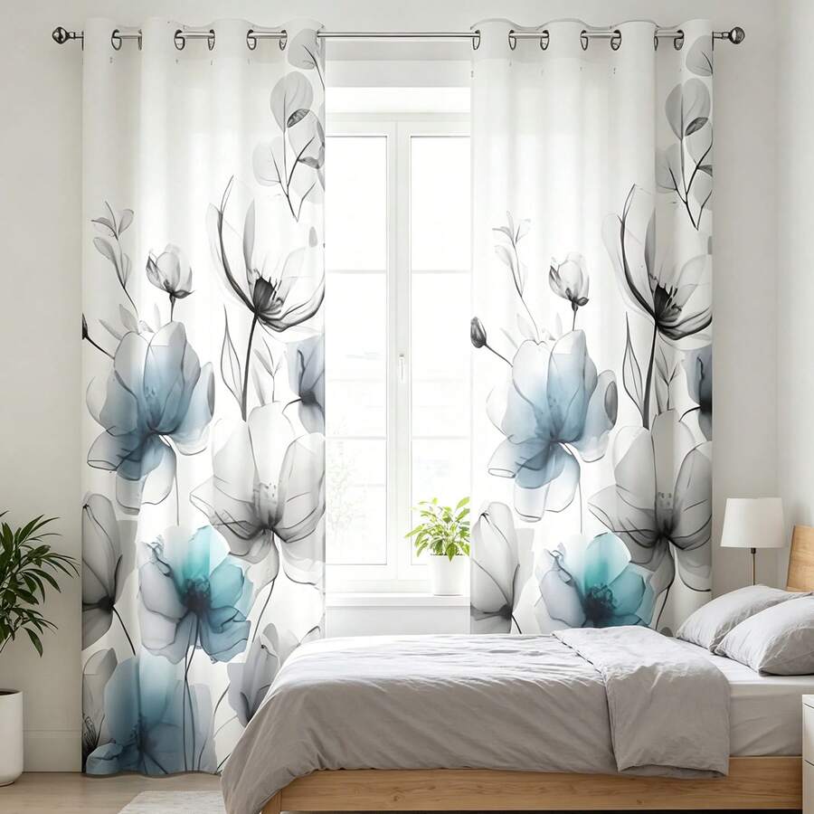 Lightweight, Semi-Sheer Curtains With A Linen Texture And Floral Print, Softly Filtering Light, 2-Piece Set For Bedroom And Living Room - 湖藍色 - 查看 1