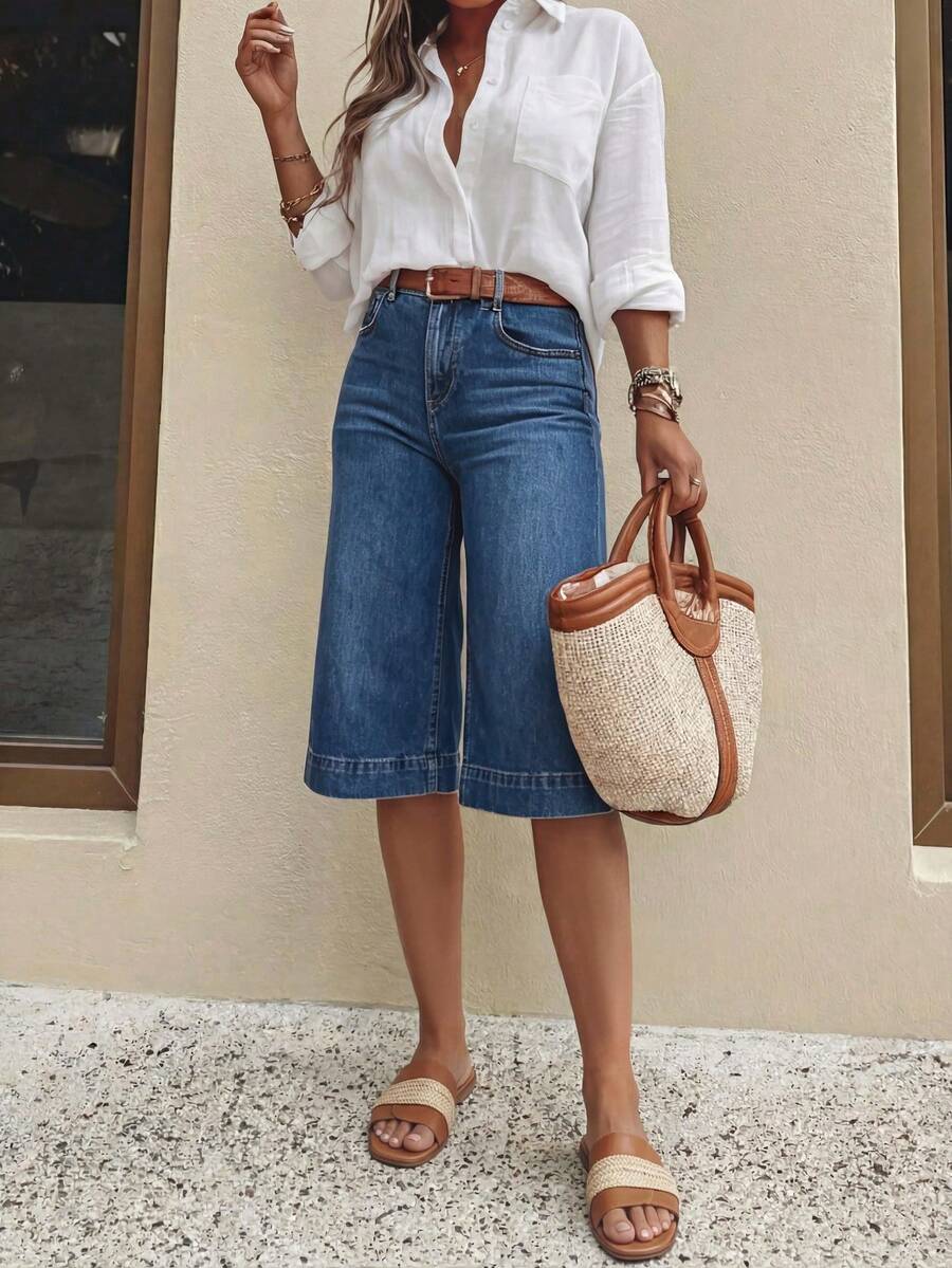 Women's Fashion Denim Bermuda Shorts, Medium Wash, Front Button Design, With Pockets, Perfect For Spring Outfits (No Belt) Summer Casual - Dark Wash - View 1