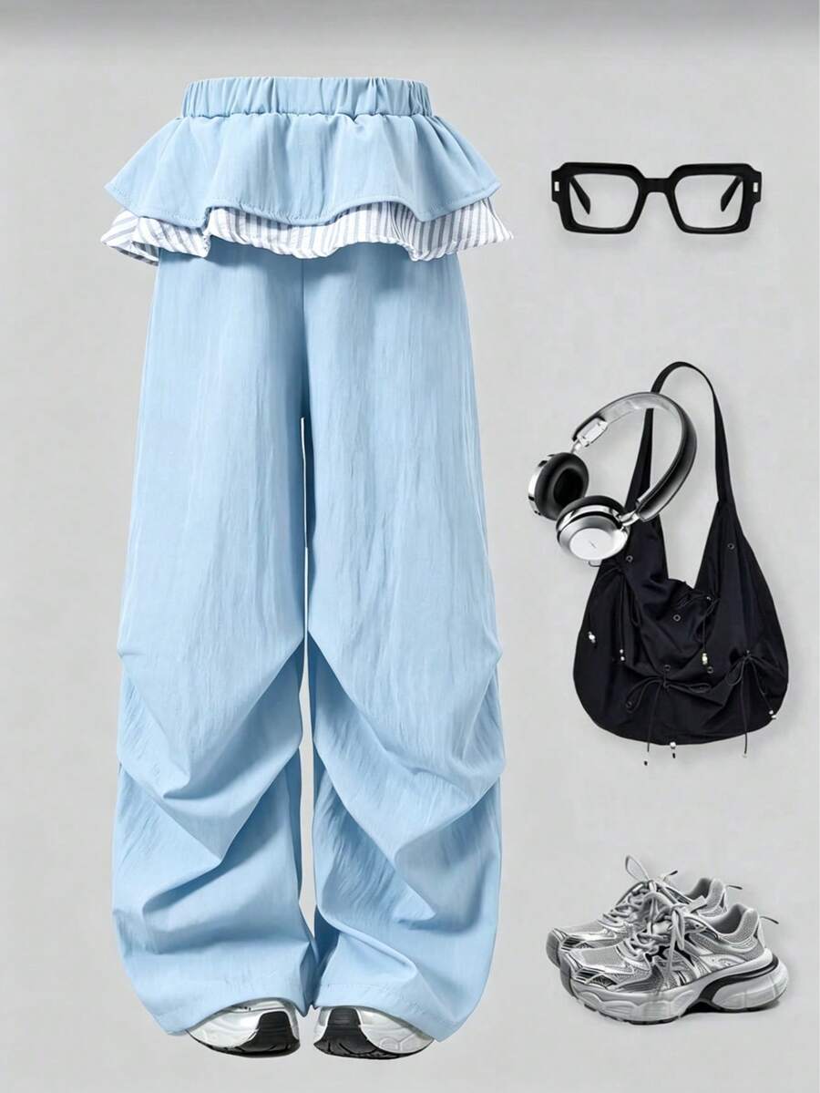 Girls' Casual Gray Patchwork Ruffle Hem Pants, Girls' Striped Ruffle Decor Straight Leg Casual Pants - Baby Blue - View 1
