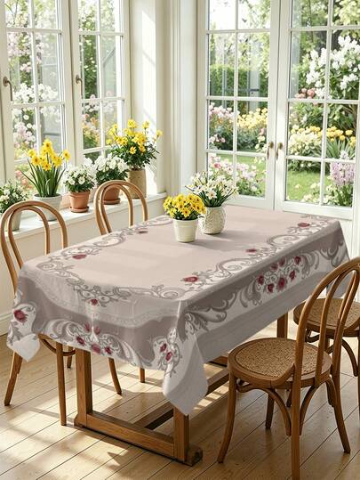 1/2pcs Tablecloth, Vintage European Floral Tablecloth, Polyester Material, Square Or Round Options, Suitable For Kitchen, Dining Room, Coffee Table, Picnic, Countryside Decor, Table Protection, Holiday Decoration, Elegant Scroll Pattern And Red Rose Design, Vintage Chic Style, Multi-Scenario Applicable