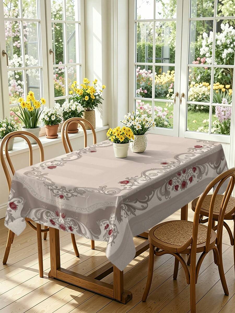 1/2pcs Tablecloth, Vintage European Floral Tablecloth, Polyester Material, Square Or Round Options, Suitable For Kitchen, Dining Room, Coffee Table, Picnic, Countryside Decor, Table Protection, Holiday Decoration, Elegant Scroll Pattern And Red Rose Design, Vintage Chic Style, Multi-Scenario Applicable - Multicolor - View 1