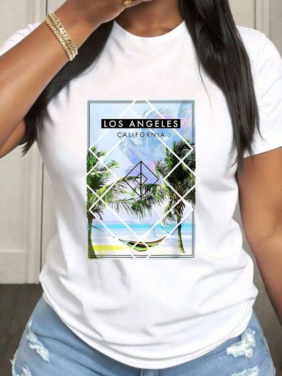 Plus Size Women's T-Shirt With A Geometric Urban Beach Design From Los Angeles, California, Short Sleeves And A Round Neck, Made With Medium Stretch Fabric, Suitable For Casual Spring, Summer And Autumn Outfits, Machine Washable, Fun Design. - 白色 - 查看 1