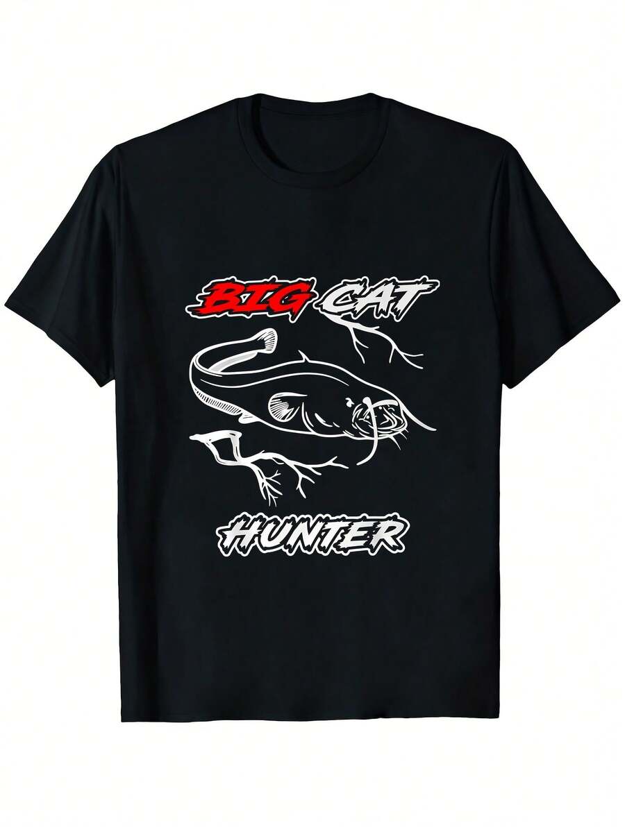 Camiseta Gráfica de Pesca para Hombre "Cazador de Gatos Grandes" - Diseño de Pez Gato y Rojo, Corte Holgado, Manga Corta, Cuello Redondo, Comodidad para Todo el Año, Regalo Perfecto para Pescadores y Entusiastas del Pez Gato - Negro - Ver 1