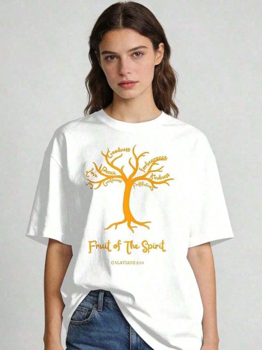Camiseta de manga corta con cuello redondo, cómoda, con estampado de frases bíblicas cristianas (Galatas 5:22), estilo vintage, tela ligeramente elástica, corte regular, adecuada como regalo, para mujer de talla grande, verano 2026. playera de mujer. blusas>elegantes. Top boho chic, transpirable, camiseta deportiva para mujer. - Blanco - Ver 1