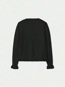 Nuevo suéter de punto de manga larga con cuello en V negro sólido, elegante y de moda, cárdigan con volantes ideal para el día a día, cárdigan ajustado versátil y casual para uso diario - Negro - Ver 5
