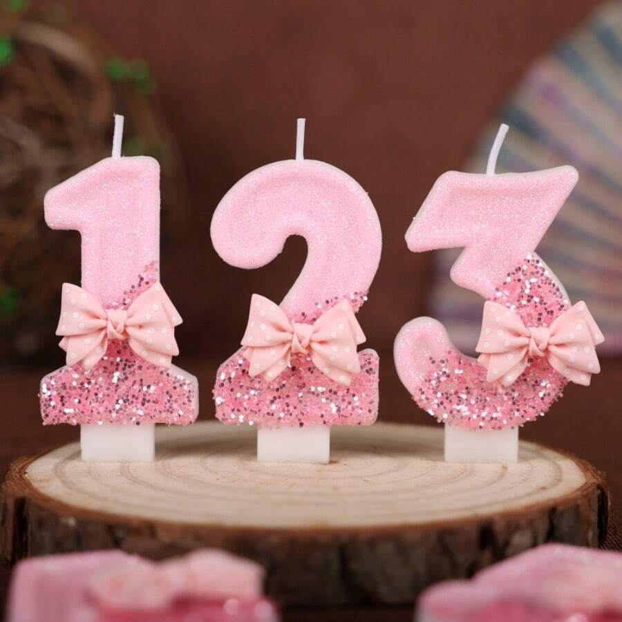 1PC Pink Polka Dot Bow 0-9 Number Birthday Candle Creative New Style, Wedding Decoration, Suitable For Cake Decoration, Dessert Table, Party Birthday Celebration Candle.