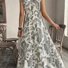 YijiaNvz  Vestido casual de vacaciones y citas con cuello en V, cintura fruncida y estampado de flores de anacardo para mujer - Caqui - Ver 3