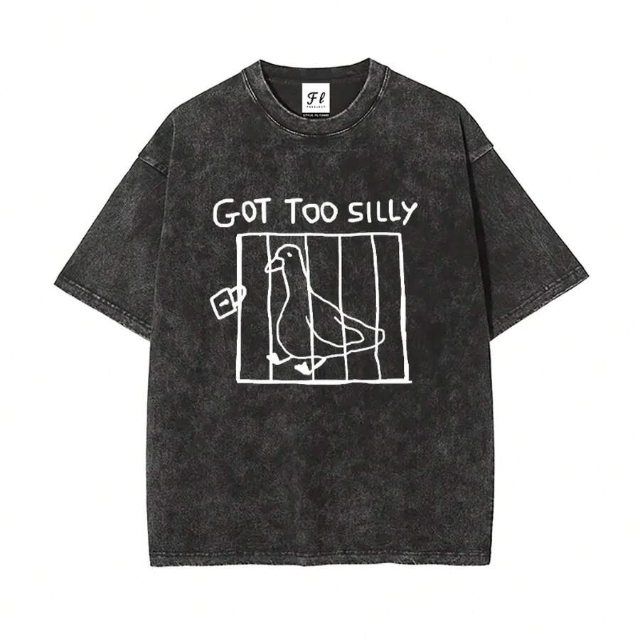 Camiseta vintage con efecto lavado ácido de Got Too Silly Caged Pigeon | Camiseta con Gráfico Divertido de Meme, Camiseta Retro con Meme de Paloma "Me Volví Demasiado Loco" | Camiseta Oversize con Diseño de Pájaro Divertido - Negro - Ver 1