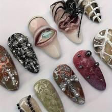 Pieces, Purely Handmade 3D Three-Dimensional Ins Style Almond-Shaped Dark Craft Manicure, Metal Cross Relief + Three-Dimensional Spider Eye Design, Press-Type Fake Nail Set, Gothic Party Eye-Catching Single Item, Suitable For Halloween Universal In 899 Regions - 青碧色 - 查看 3